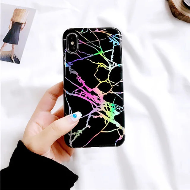 Laser Marble Texture Phone Case For iPhone XR XS Max X 6 6S 7 8 Plus Soft IMD Protective Phone Back Cover Coque