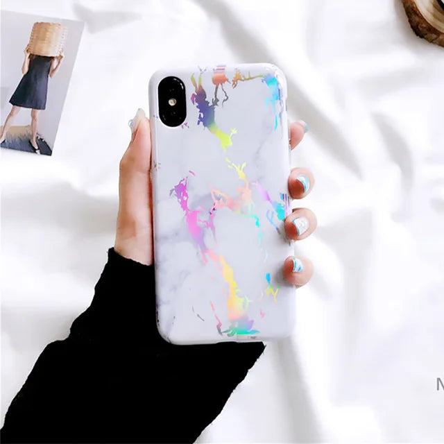 Laser Marble Texture Phone Case For iPhone XR XS Max X 6 6S 7 8 Plus Soft IMD Protective Phone Back Cover Coque