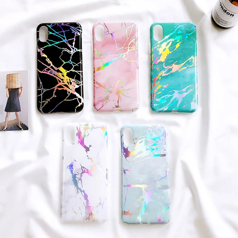 Laser Marble Texture Phone Case For iPhone XR XS Max X 6 6S 7 8 Plus Soft IMD Protective Phone Back Cover Coque