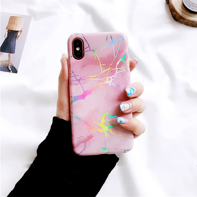 Laser Marble Texture Phone Case For iPhone XR XS Max X 6 6S 7 8 Plus Soft IMD Protective Phone Back Cover Coque