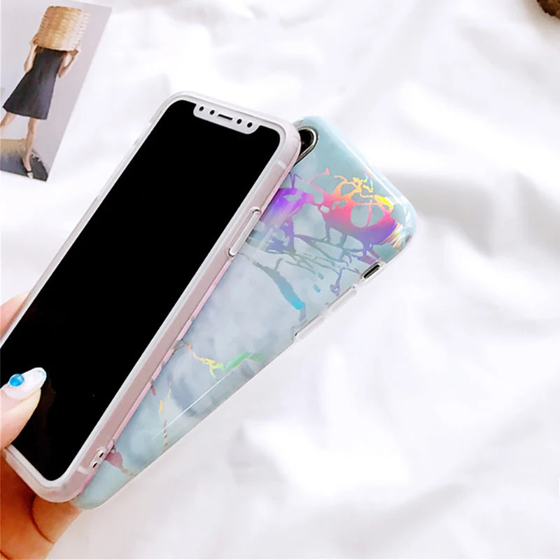 Laser Marble Texture Phone Case For iPhone XR XS Max X 6 6S 7 8 Plus Soft IMD Protective Phone Back Cover Coque