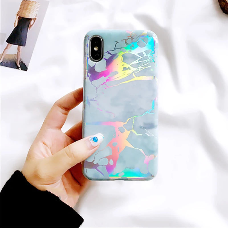 Laser Marble Texture Phone Case For iPhone XR XS Max X 6 6S 7 8 Plus Soft IMD Protective Phone Back Cover Coque