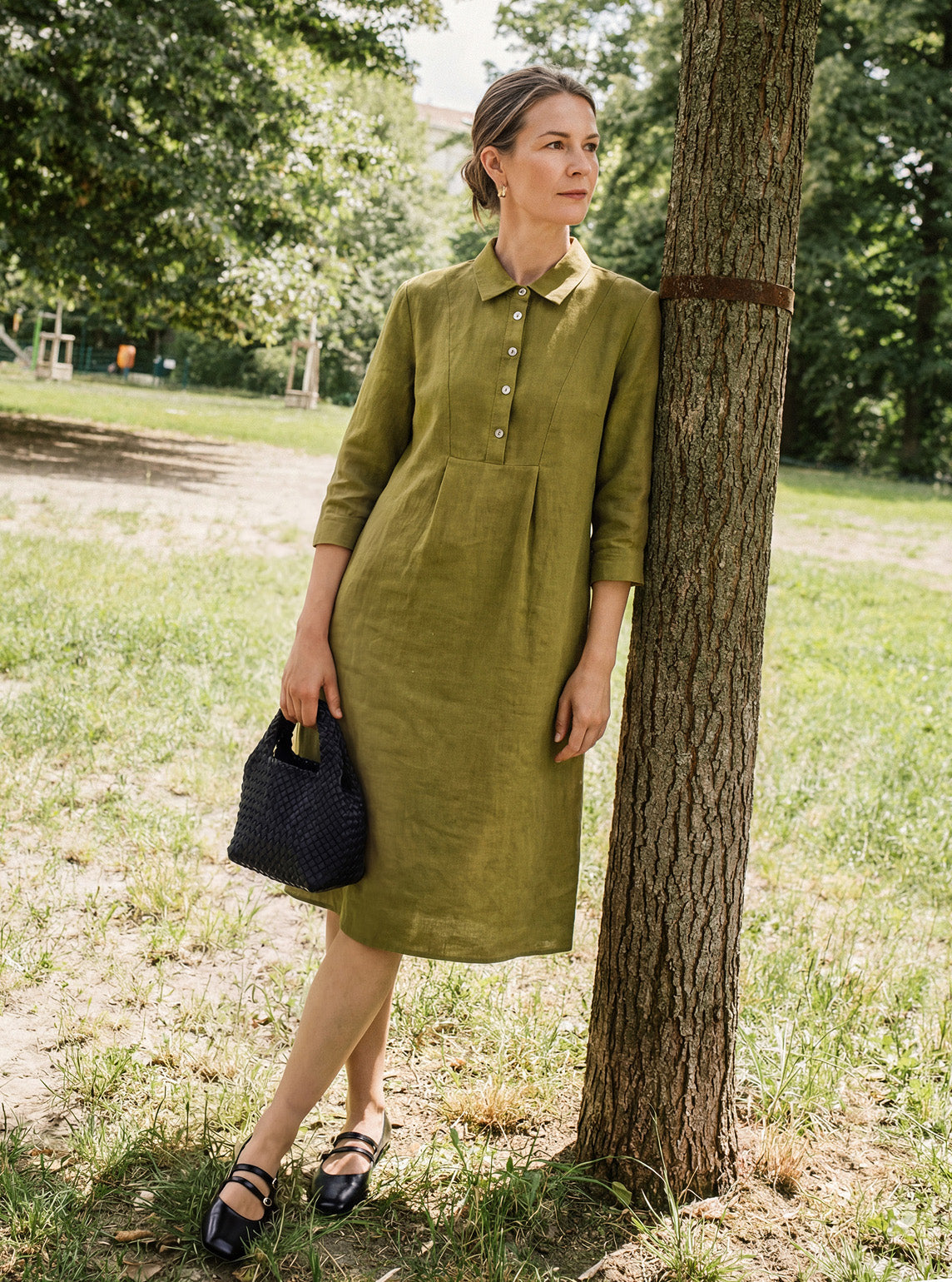 100% Linen Tailored Lapel 3/4 Sleeve Midi Shirt Dress MERCEDES