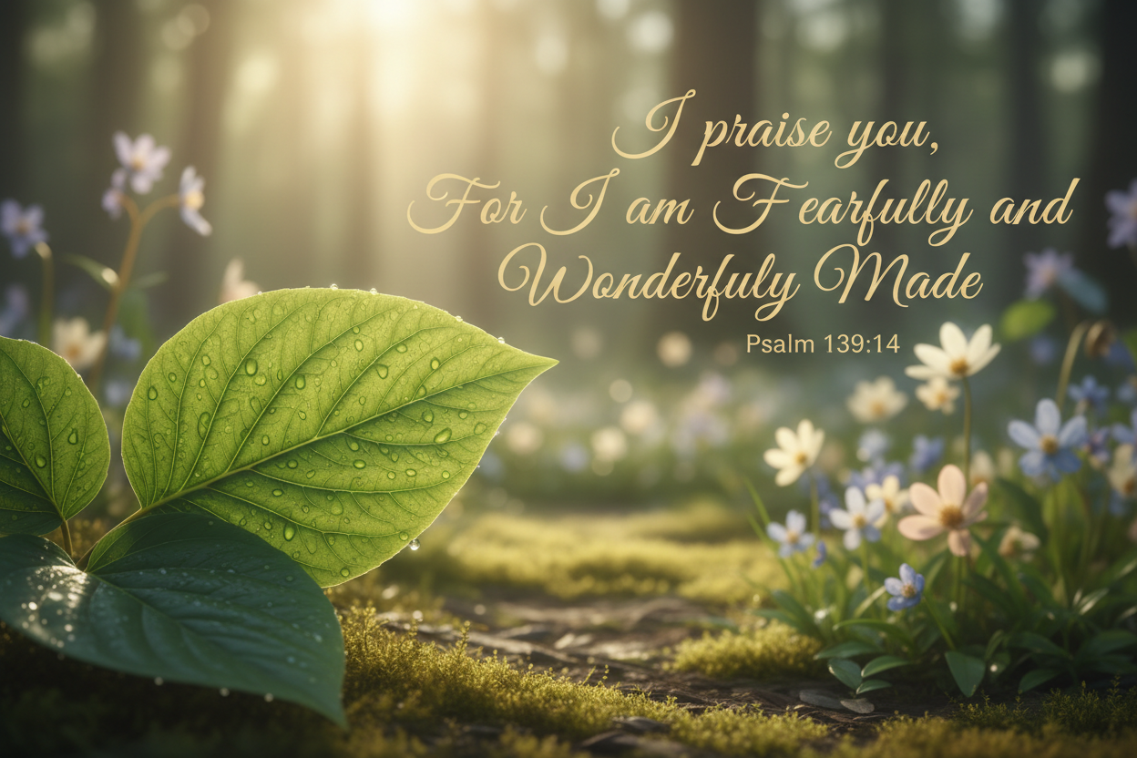 A Scripture Psalm 139:14, with a clam background, with a green leaf. that say, "I praise you, For I am Fearfully and Wonderfully Made 