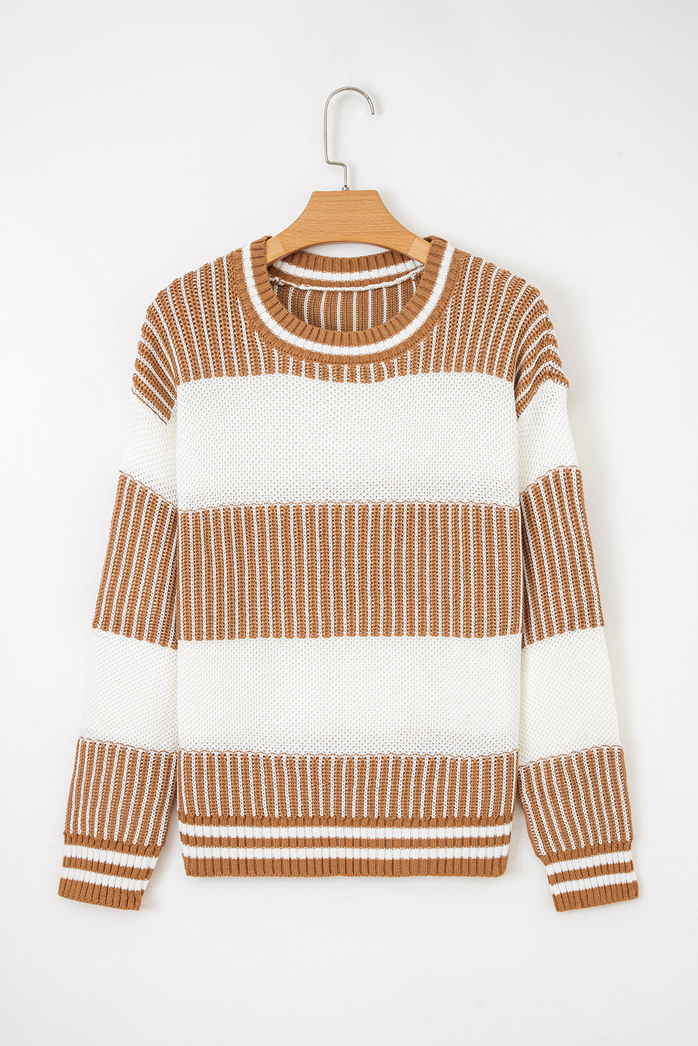 Brown Two Tone Striped Patchwork Drop Shoulder Loose Sweater
