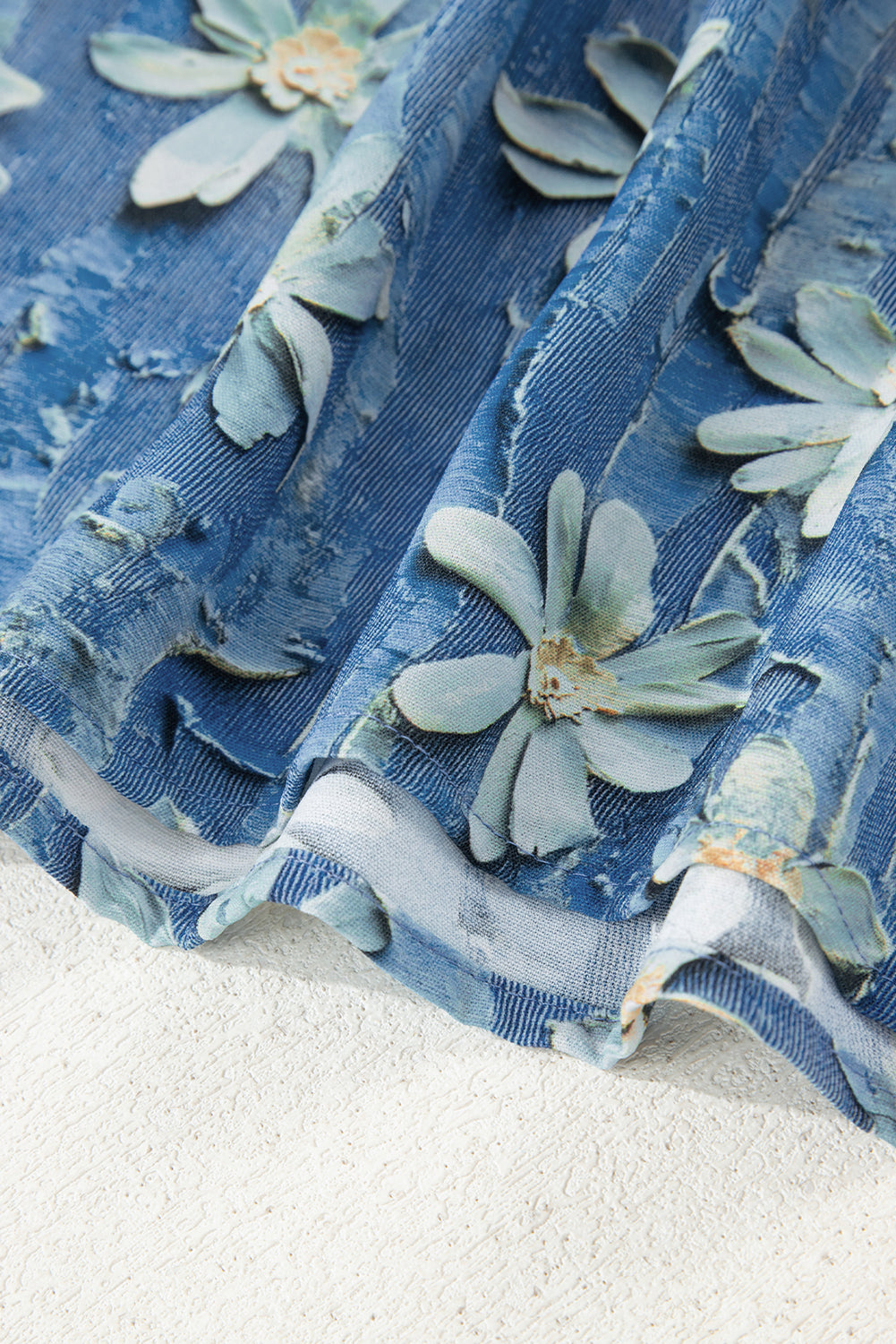 Sky Blue Fall Floral Half Placket Collared V Neck Blouse